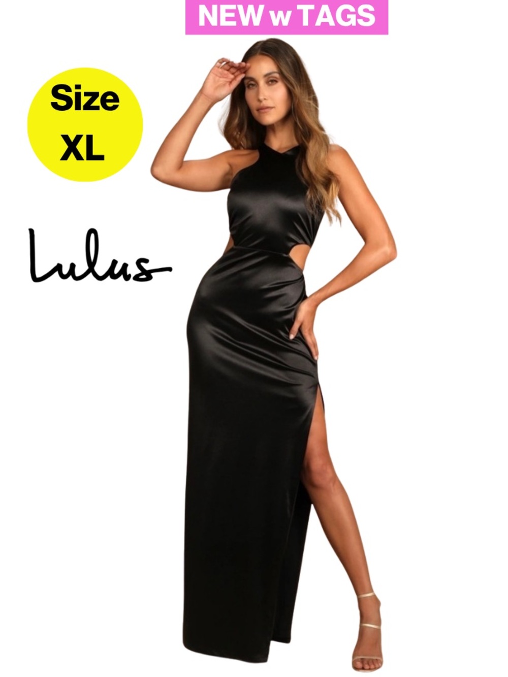 NEW w TAGS 🏷️ LULUS Elegant Black Satin Floor-Length Dress (Women’s Size XL)
